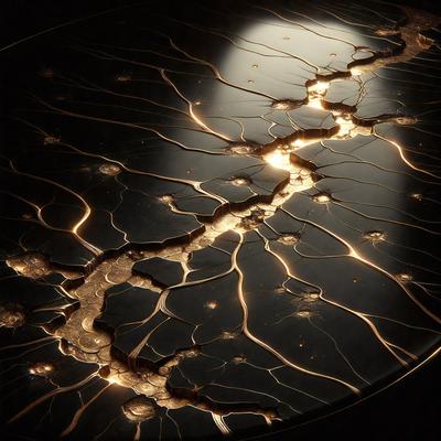 The primary subject of the image is a large, circular, and shiny surface with a pattern of gold and black. The setting appears to be a dark room, and the visual style is a combination of photo and digital art. The dominant colors are gold and black, creating a striking and visually appealing contrast. The overall atmosphere of the image is mysterious and intriguing, as the viewer is drawn to the unique and captivating pattern on the surface.